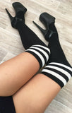 LUNALAE Thigh High Socks - Black with White Stripes